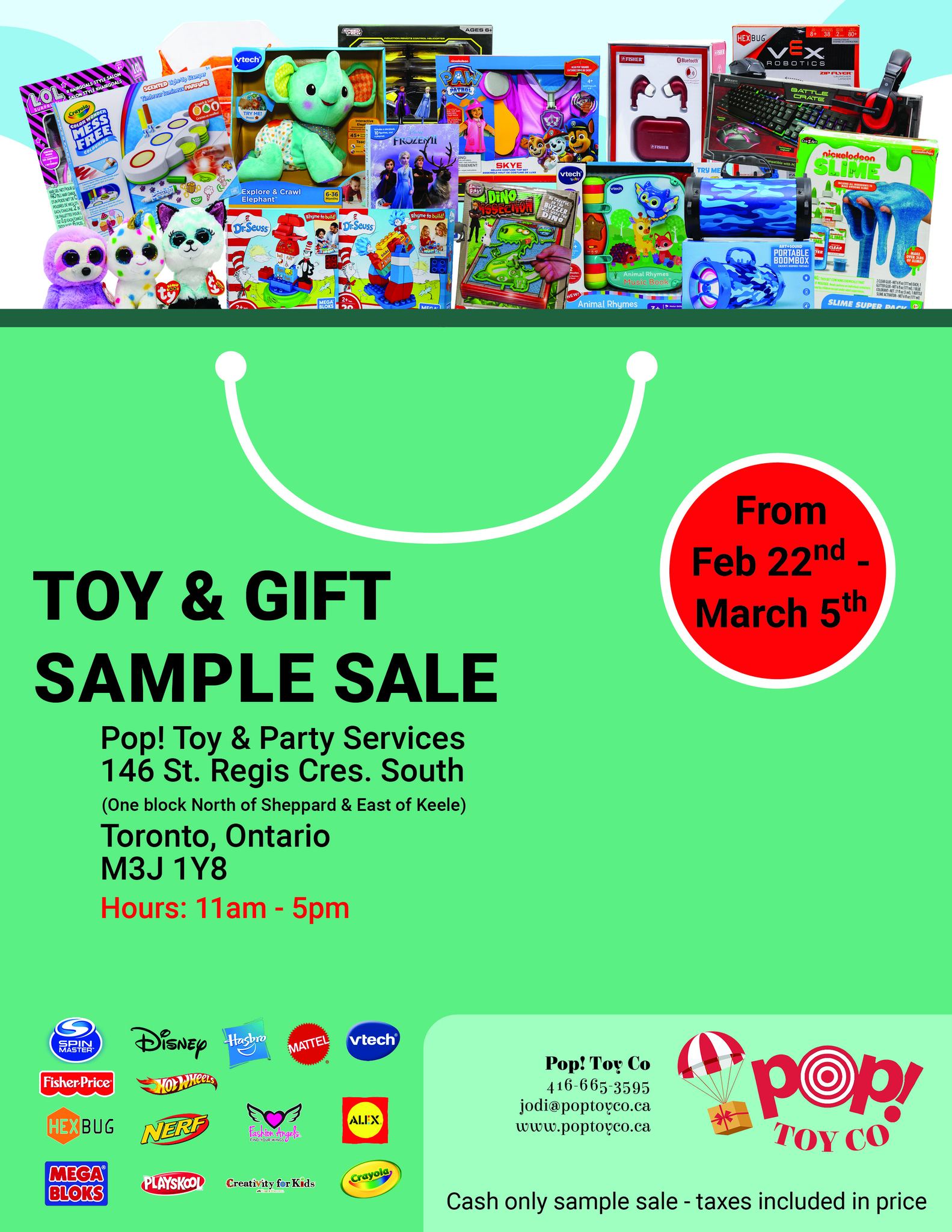 Green sale flyer with info and toys